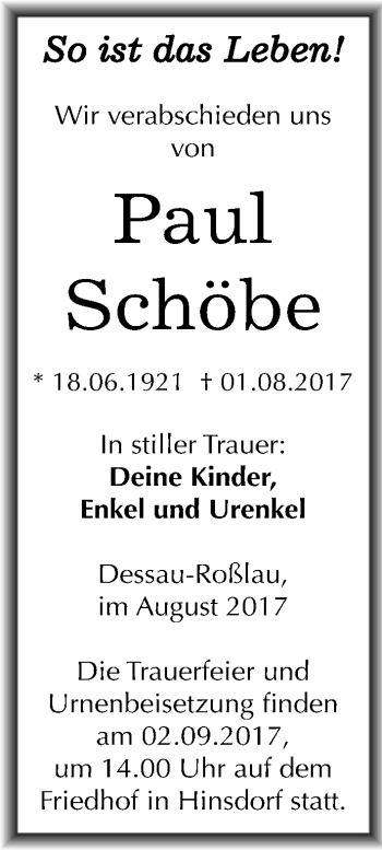 Traueranzeige von Paul Schöbe von Mitteldeutsche Zeitung Dessau-Roßlau
