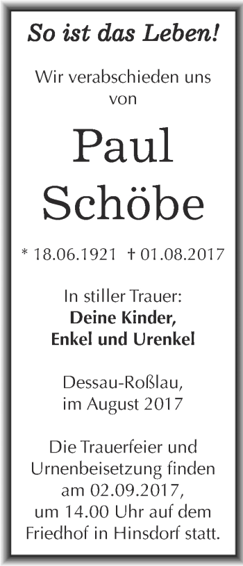 Traueranzeige von Paul Schöbe von WVG - Wochenspiegel Dessau / Köthen