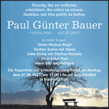 Traueranzeige von Paul Günter Bauer von WVG - Wochenspiegel Bitterfeld