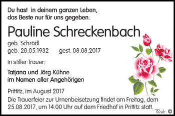 Traueranzeige von Pauline Schreckenbach von WVG - Wochenspiegel NMB / WSF / ZTZ