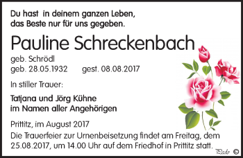 Traueranzeige von Pauline Schreckenbach von Mitteldeutsche Zeitung Weißenfels