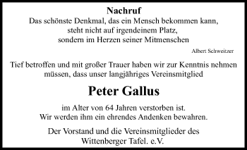 Traueranzeige von Peter Gallus von WVG - Wochenspiegel Wittenberg