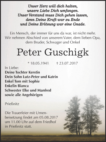 Traueranzeige von Peter Guschigk von WVG - Wochenspiegel NMB / WSF / ZTZ
