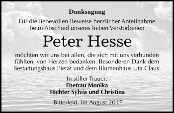 Traueranzeige von Peter Hesse von Mitteldeutsche Zeitung Bitterfeld