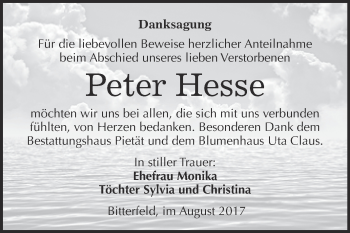 Traueranzeige von Peter Hesse von WVG - Wochenspiegel Bitterfeld