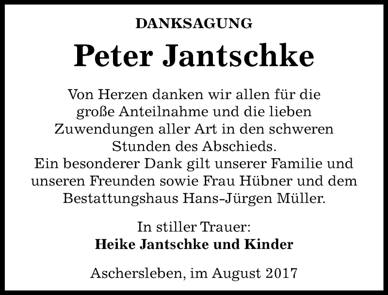  Traueranzeige für Peter Jantschke vom 16.08.2017 aus Mitteldeutsche Zeitung Aschersleben