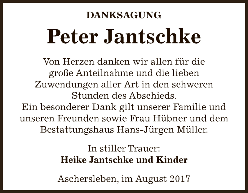  Traueranzeige für Peter Jantschke vom 16.08.2017 aus Super Sonntag Aschersleben
