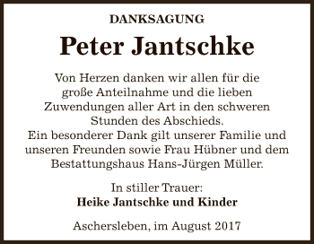 Traueranzeige von Peter Jantschke von Super Sonntag Aschersleben
