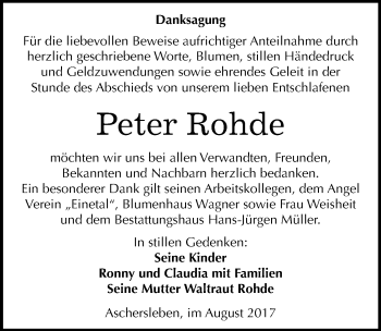 Traueranzeige von Peter Rohde von Mitteldeutsche Zeitung Aschersleben