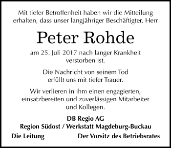 Traueranzeige von Peter Rohde von Mitteldeutsche Zeitung Aschersleben