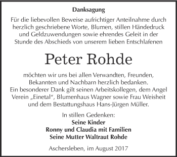 Traueranzeige von Peter Rohde von Super Sonntag Aschersleben
