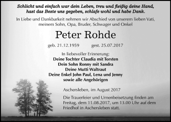 Traueranzeige von Peter Rohde von Mitteldeutsche Zeitung Aschersleben