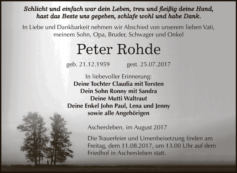 Traueranzeige für Peter Rohde vom 02.08.2017 aus Super Sonntag Aschersleben