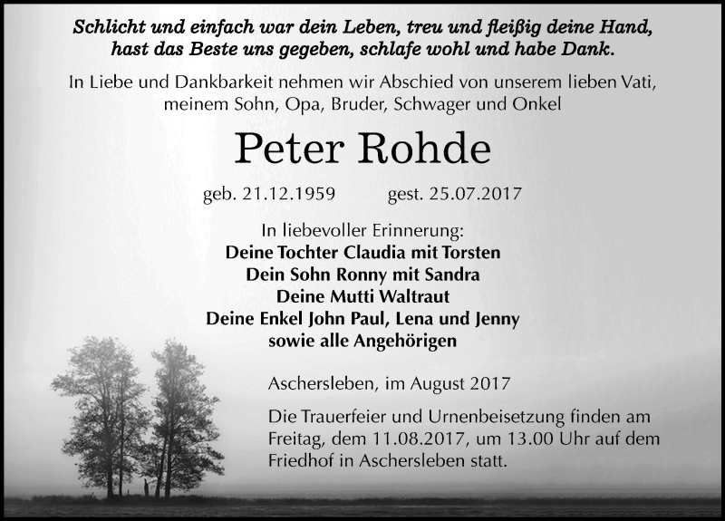  Traueranzeige für Peter Rohde vom 02.08.2017 aus Mitteldeutsche Zeitung Aschersleben