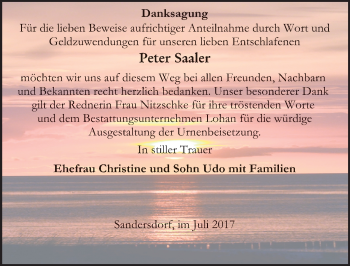Traueranzeige von Peter Saaler von Mitteldeutsche Zeitung Bitterfeld
