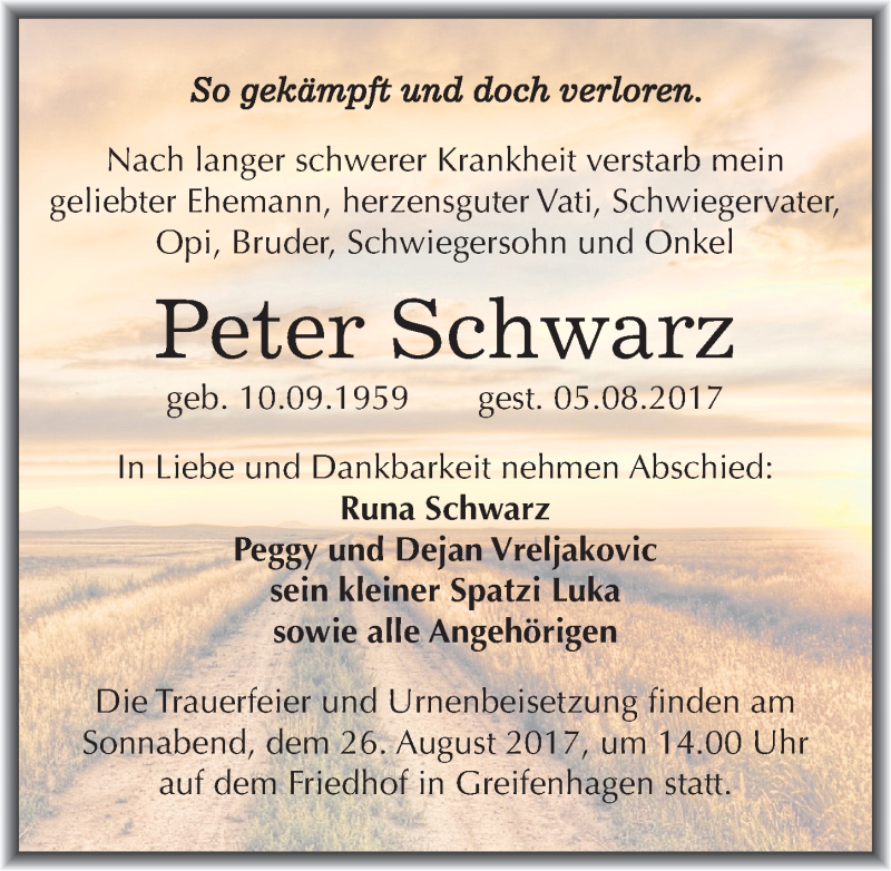  Traueranzeige für Peter Schwarz vom 12.08.2017 aus Mitteldeutsche Zeitung Mansfelder Land