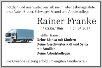 Traueranzeige von Rainer Franke von Wochenspiegel Mansfelder Land