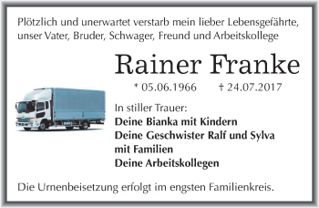 Traueranzeige von Rainer Franke von Mitteldeutsche Zeitung Mansfelder Land