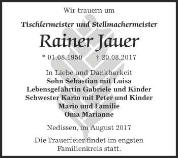 Traueranzeige von Rainer Jauer von Super Sonntag Zeitz