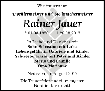 Traueranzeige von Rainer Jauer von Mitteldeutsche Zeitung Zeitz