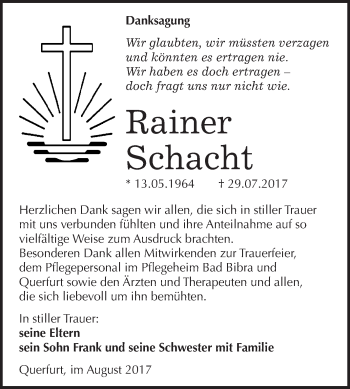 Traueranzeige von Rainer Schacht von WVG - Wochenspiegel Merseburg