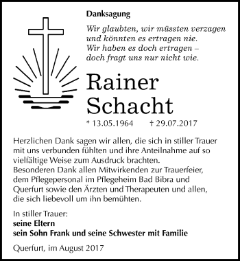 Traueranzeige von Rainer Schacht von Mitteldeutsche Zeitung Merseburg/Querfurt