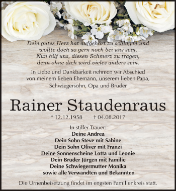 Traueranzeige von Rainer Staudenraus von Mitteldeutsche Zeitung Bitterfeld