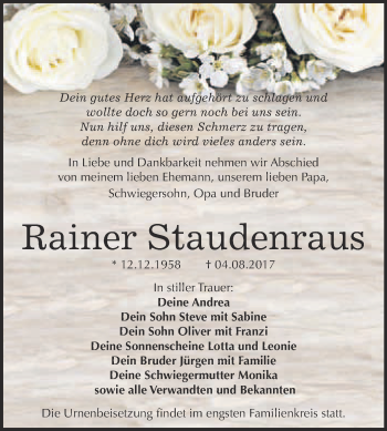 Traueranzeige von Rainer Staudenraus von WVG - Wochenspiegel Bitterfeld