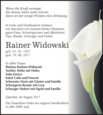 Traueranzeige von Rainer Widowski von WVG - Wochenspiegel Merseburg