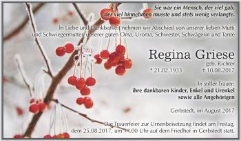 Traueranzeige von Regina Griese von Super Sonntag SGH Mansf. Land