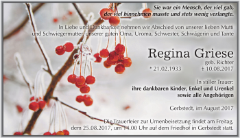 Traueranzeige von Regina Griese von Mitteldeutsche Zeitung Mansfelder Land