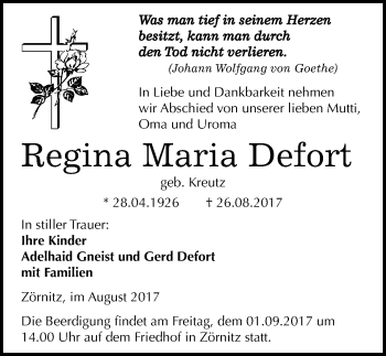 Traueranzeige von Regina Maria Defort von Mitteldeutsche Zeitung Halle/Saalkreis