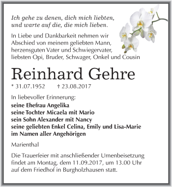 Traueranzeige von Reinhard Gehre von Mitteldeutsche Zeitung Naumburg/Nebra
