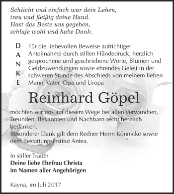 Traueranzeige von Reinhard Göpel von Super Sonntag Zeitz