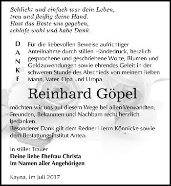 Traueranzeige von Reinhard Göpel von Mitteldeutsche Zeitung Zeitz