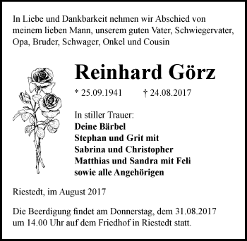 Traueranzeige von Reinhard Görz von Mitteldeutsche Zeitung Sangerhausen