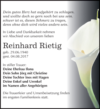 Traueranzeige von Reinhard Rietig von Mitteldeutsche Zeitung Bitterfeld