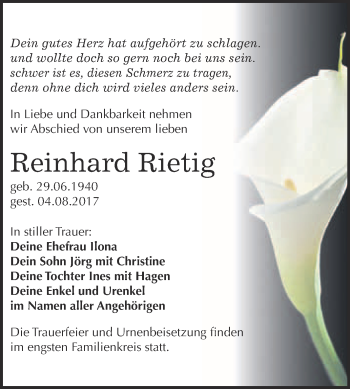 Traueranzeige von Reinhard Rietig von WVG - Wochenspiegel Bitterfeld