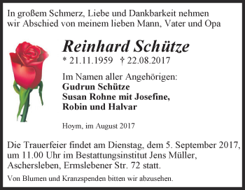 Traueranzeige von Reinhard Schütze von Super Sonntag Aschersleben