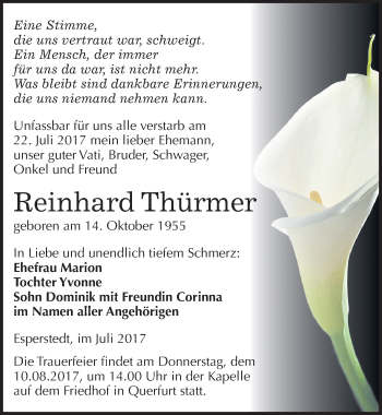 Traueranzeige von Reinhard Thürmer von Mitteldeutsche Zeitung Mansfelder Land