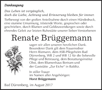 Traueranzeige von Renate Brüggemann von Super Sonntag Merseburg