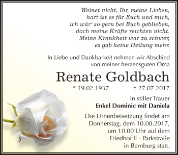 Traueranzeige von Renate Goldbach von Mitteldeutsche Zeitung Bernburg