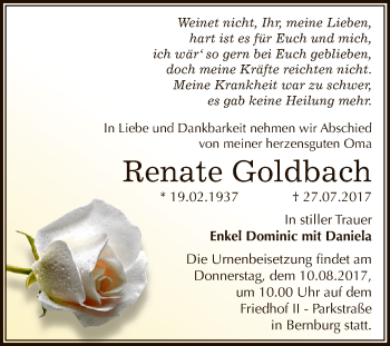 Traueranzeige von Renate Goldbach von Super Sonntag Bernburg