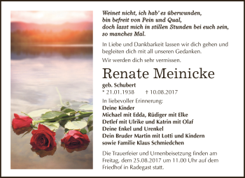 Traueranzeige von Renate Meinicke von WVG - Wochenspiegel Dessau / Köthen