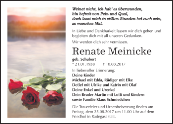Traueranzeige von Renate Meinicke von Mitteldeutsche Zeitung Köthen