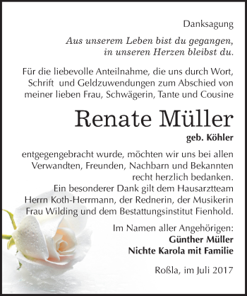 Traueranzeige von Renate Müller von Mitteldeutsche Zeitung Sangerhausen