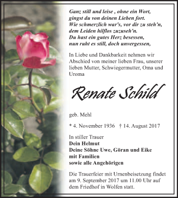 Traueranzeige von Renate Schild von WVG - Wochenspiegel Bitterfeld