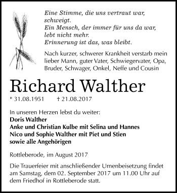 Traueranzeige von Richard Walther von Mitteldeutsche Zeitung Sangerhausen