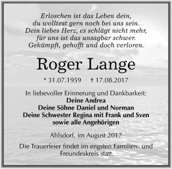 Traueranzeige von Roger Lange von Mitteldeutsche Zeitung Mansfelder Land