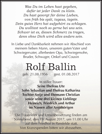 Traueranzeige von Rolf Ballin von Mitteldeutsche Zeitung Quedlinburg